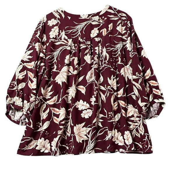 CJ Banks Womens Peasant Top Size 2X Burgundy 3/4 Sleeve Button Front Dark Floral - Picture 2 of 9